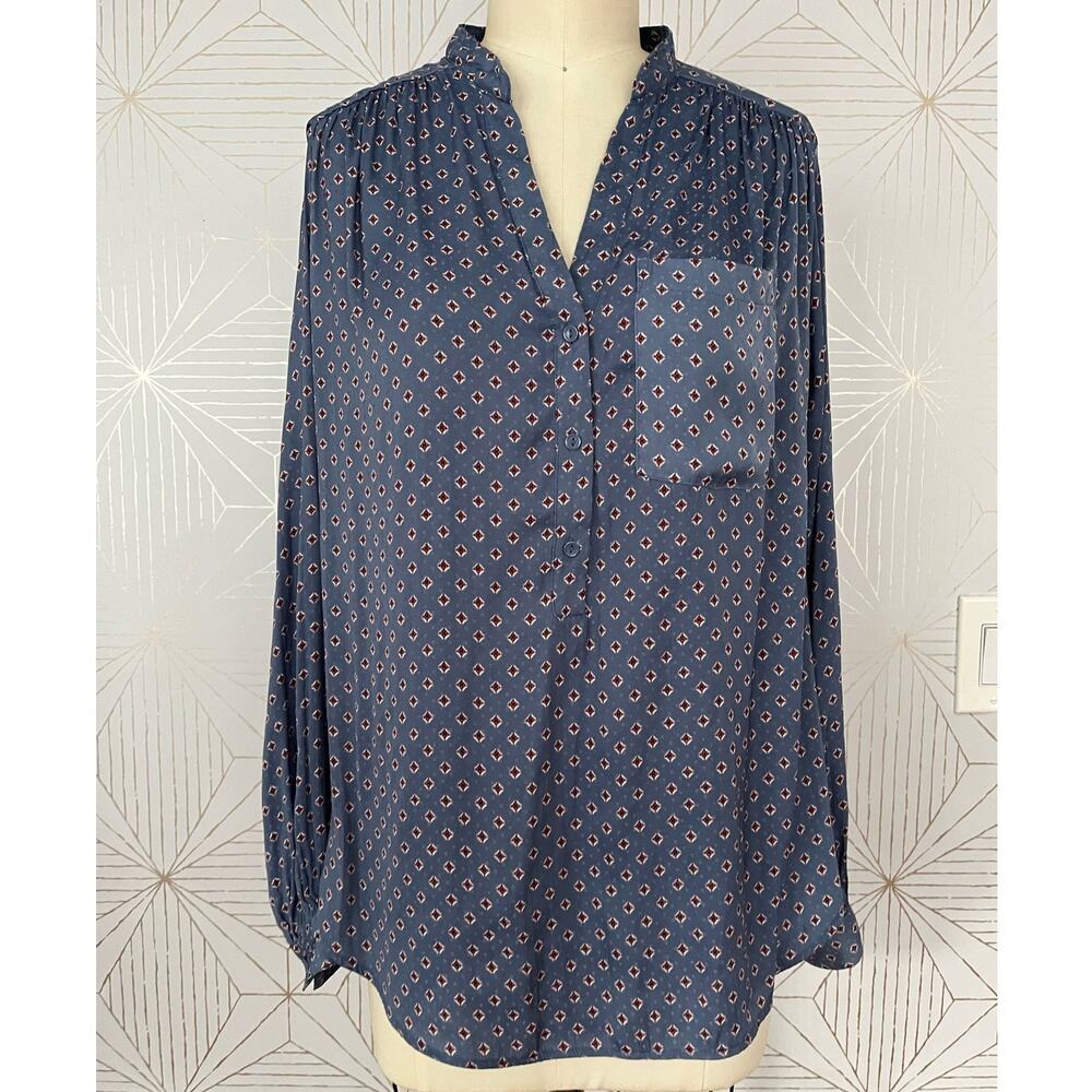 H&M Navy Blue Long Sleeve V-Neck Blouse with Subtle Red Pattern